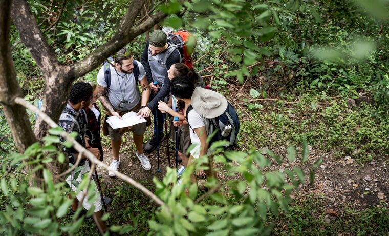 5 Personen stehen in einem Wald und orientieren sich anhand einer Karte und Kompass